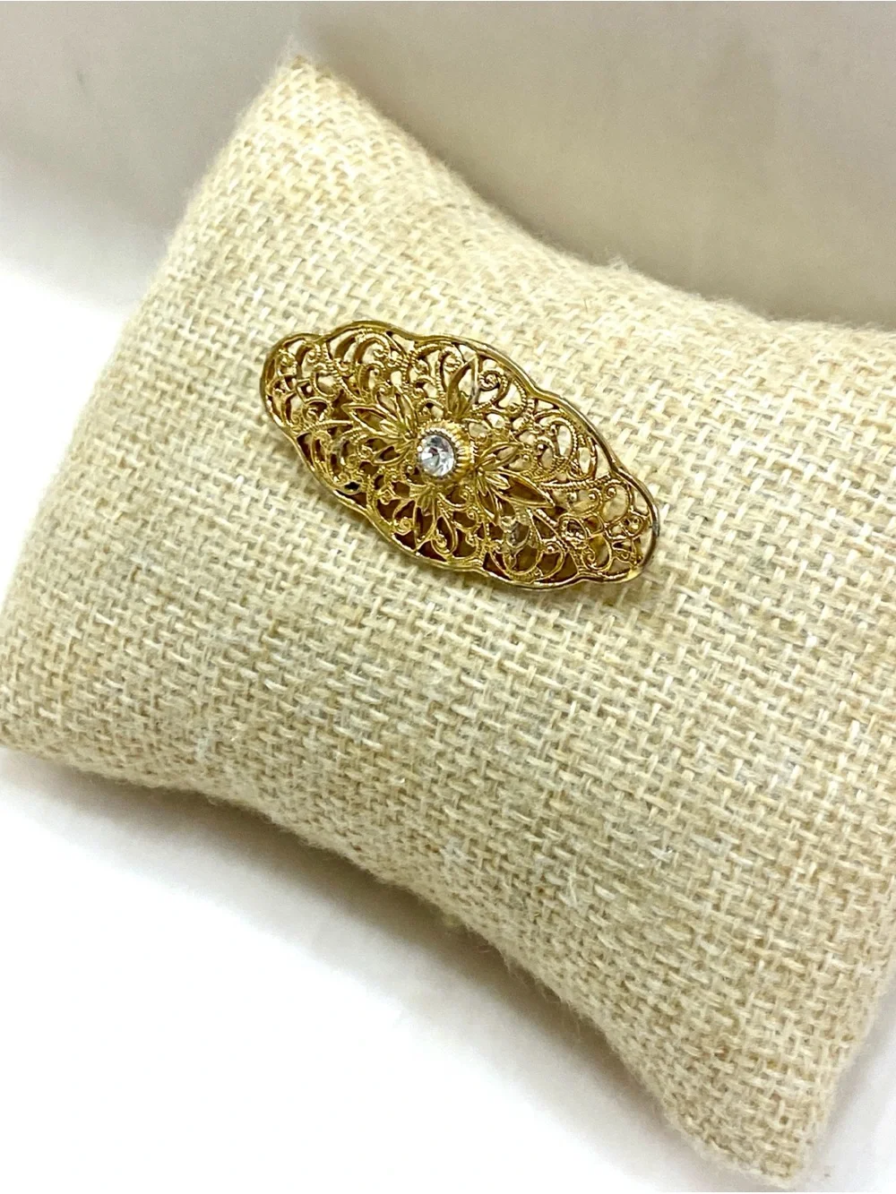 Vintage Gold Filigree Floral Brooch with Clear Crystal Accent